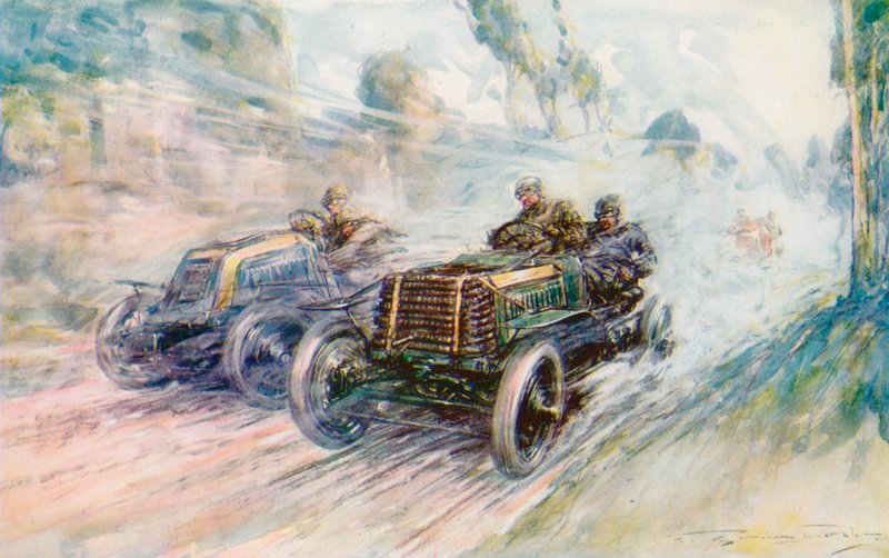 Britský jezdec Charles Jarrott vyhrál v roce 1902 Circuit des Ardennes se slavným Panhardem „70“ (barevné lito). od Frederick Gordon (after) Crosby