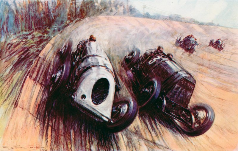 Bitva obrů u Brooklands, bílý Leyland Parryho Thomase bojuje s Eldridgeovým velkým Fiatem na břehu (barevné lito) od Frederick Gordon (after) Crosby