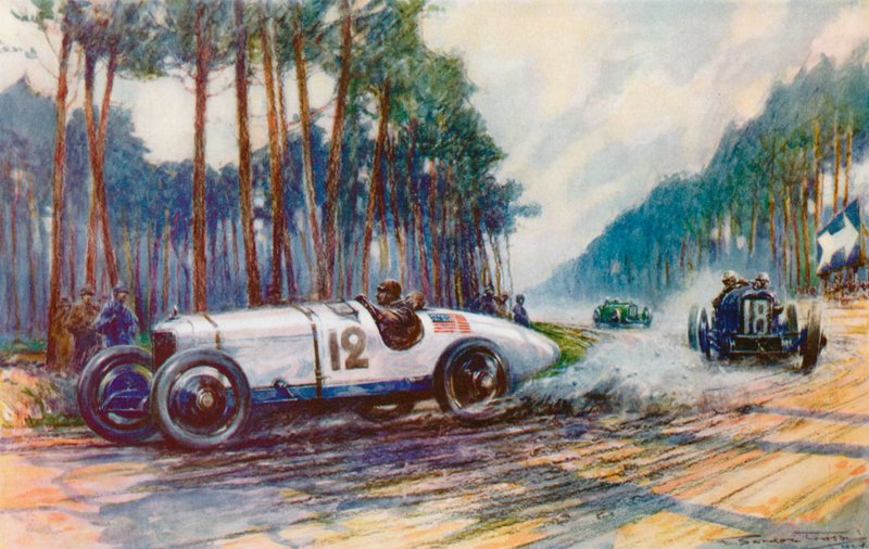 První úspěch Ameriky v Grand Prix nastal, když Duesenberg Jimmyho Murphyho uspěl v Le Mans v roce 1921 (barevné lito). od Frederick Gordon (after) Crosby