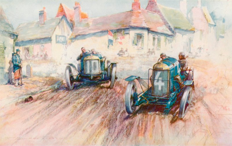 Bablot na třílitrovém Delage č. 10 pronásledoval Boillotův Peugeot v roce 1911 v závodě Voiturette v Boulogne (barevné lito) od Frederick Gordon (after) Crosby