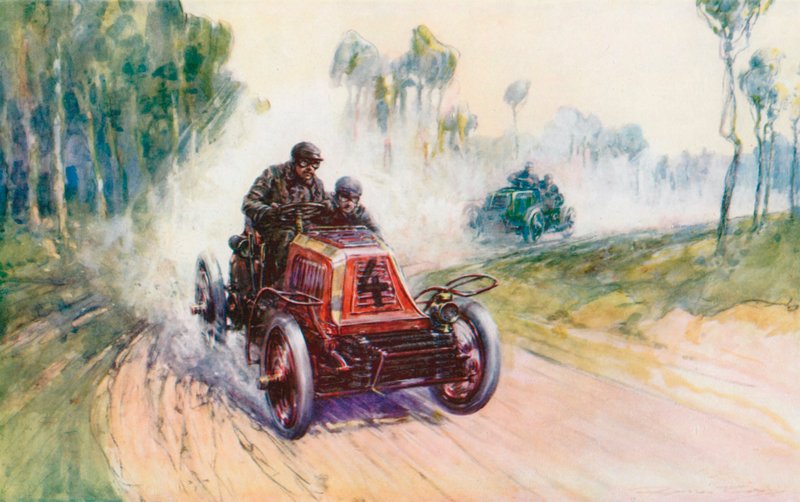 Fournier s Mors č. 4 během závodu Paříž-Berlín v roce 1901, jednoho z mála, ve kterém byl poražen Panhard, vedoucí značka dne (barva litho) od Frederick Gordon (after) Crosby
