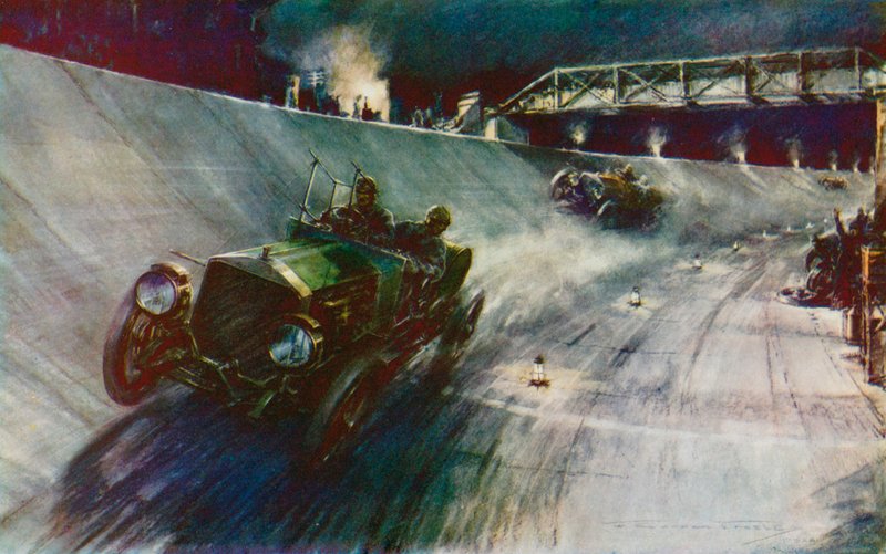 V roce 1907 se S F Edge, který řídil Napier jednou rukou, podařilo udržet rychlost 60 mph po dobu 24 hodin, což je první rekord na nové dráze v Brooklands (barevné litho). od Frederick Gordon (after) Crosby