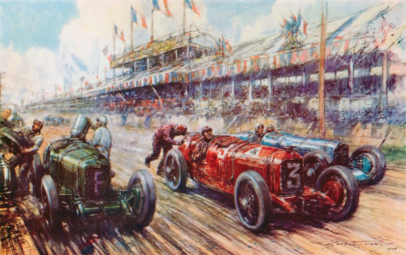 V Grand Prix 1924 vedla Alfa Romeo Ascari závod téměř do cíle, ale prohrála, protože motor po zastávce v boxech nenastartoval (barva litho). od Frederick Gordon (after) Crosby