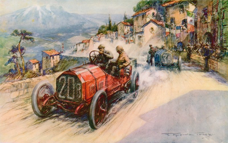 Italský šampion Felice Nazzaro a Fiat vyhráli v roce 1907 Targa Florio, tato kombinace předtím vyhrála Grand Prix a Kaiserpreis (barva litho). od Frederick Gordon (after) Crosby