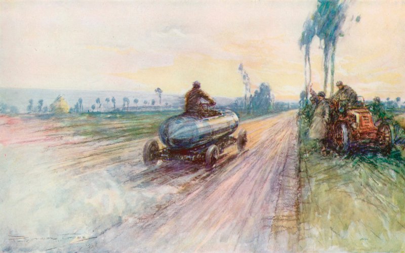 Jenatzyho Jamais Contente překonal v roce 1899 světový rychlostní rekord (barevné lito) od Frederick Gordon (after) Crosby