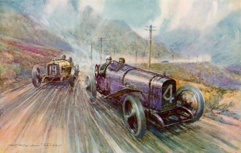 K Lee Guinness se Sunbeamem ve dvoudenním závodě Tourist Trophy na 600 mil na Isle of Man, který vyhrál rychlostí 56,44 mph (barevná litho) od Frederick Gordon (after) Crosby