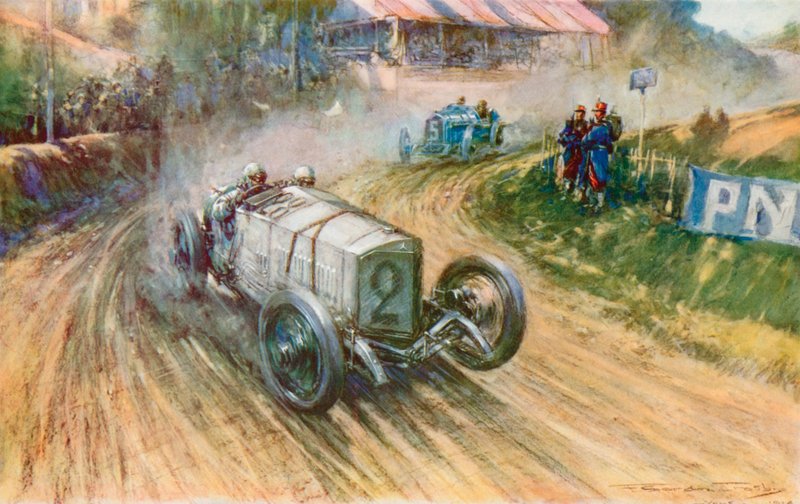 Lautenschlager s německým Mercedesem a Boillot s francouzským Peugeotem v jejich velkém boji během Grand Prix 1914 (barevné lito) od Frederick Gordon (after) Crosby