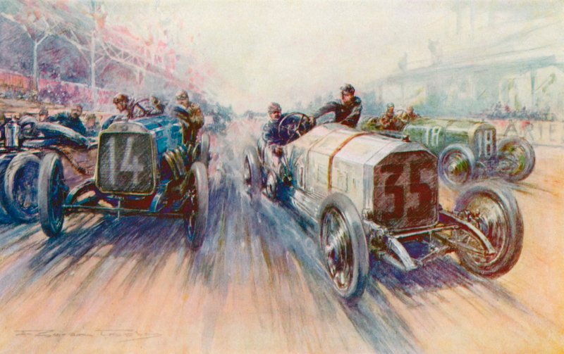 Lautenschlager bílý Mercedes v Grand Prix 1908, závod, ve kterém byly pneumatiky spotřebovány v obrovském množství (barva litho) od Frederick Gordon (after) Crosby