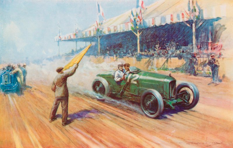 Sir Henry Segrave dosáhl prvního britského vítězství v Grand Prix s dvoulitrovým Sunbeam na okruhu Tours (barva litho) od Frederick Gordon (after) Crosby