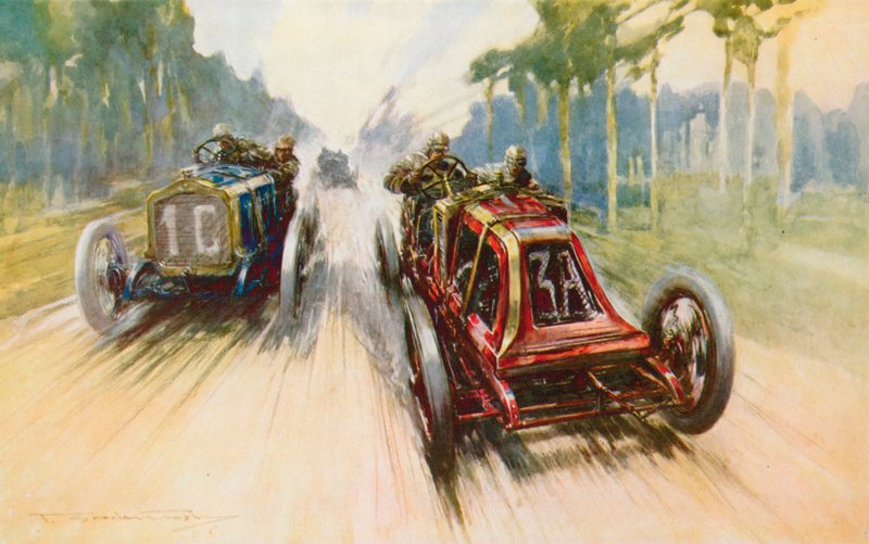 Sziszův červený Renault, kterému výrazně napomáhá fakt, že měl poprvé odnímatelné ráfky, je vítězem první Grand Prix (barva lito) od Frederick Gordon (after) Crosby
