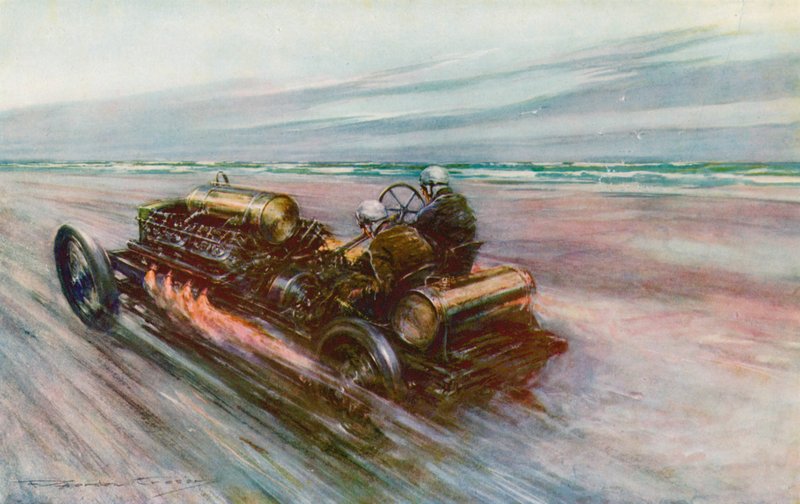 Slavná "200" Darracq, se kterou Sir Algernon Guinness, Bart, dosáhl v roce 1908 rychlosti 120 mph (barevné lito) od Frederick Gordon (after) Crosby