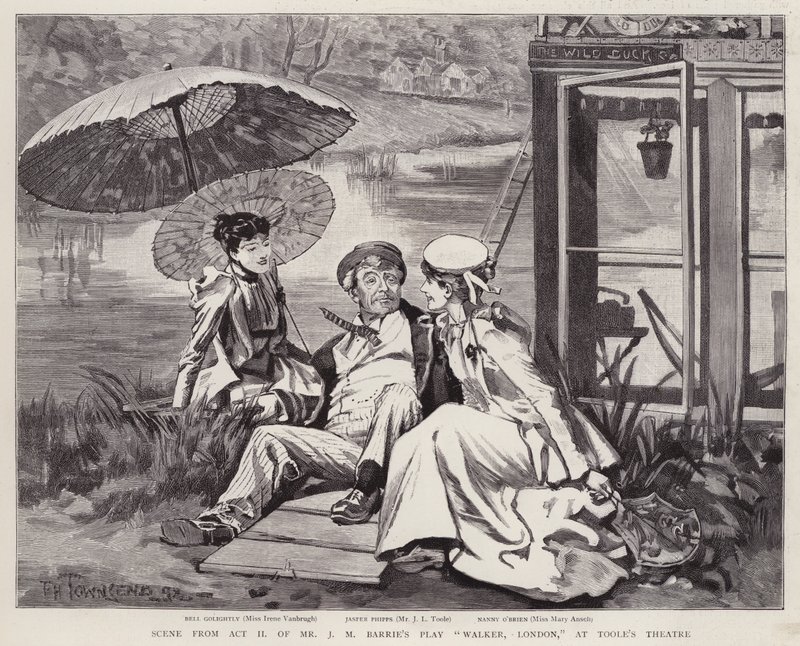Angličtí herci Irene Vanbrugh, John Lawrence Toole a Mary Ansell v inscenaci hry J. M. Barrieho Walker, Londýn, v Toole