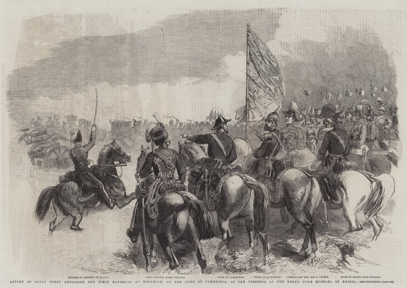 Recenze Royal Horse Artillery and Field Batteries ve Woolwichi, vévodou z Cambridge, za přítomnosti velkovévody Michaela z Ruska od Frederick John Skill