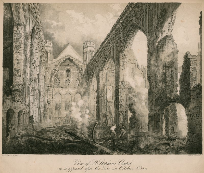 Pohled na kapli svatého Štěpána, jak vypadala po požáru v říjnu 1834 od Frederick Mackenzie