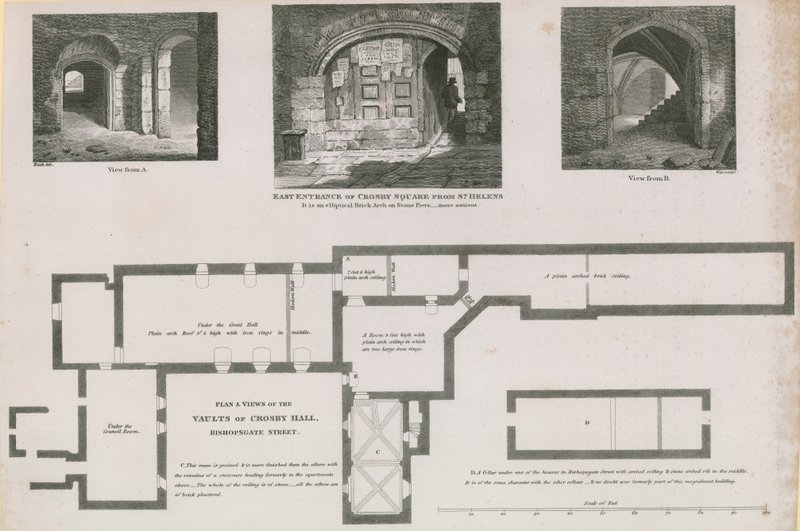 Půdorys a pohledy na klenby Crosby Hall, Bishopsgate Street od Frederick Nash