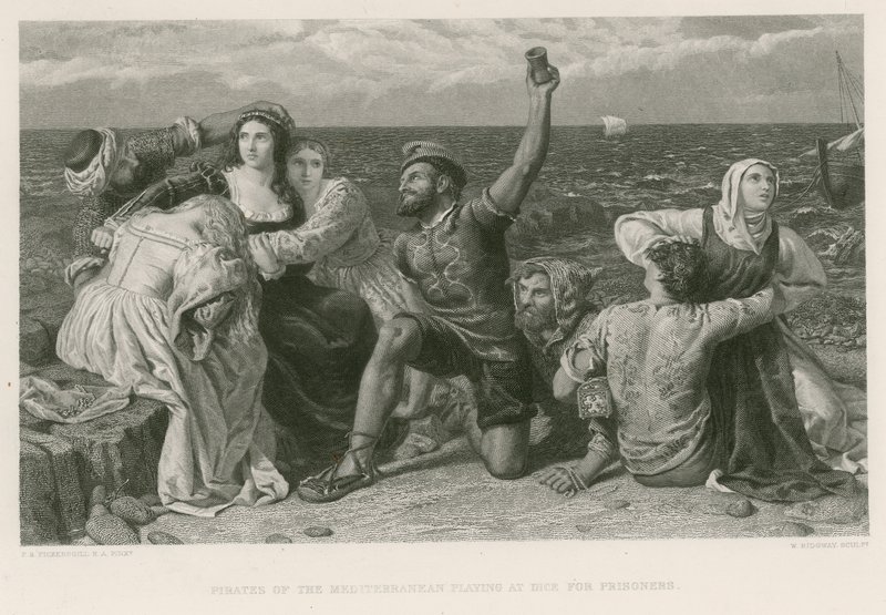 Piráti Středomoří hrají v kostky pro vězně (rytina) od Frederick Richard Pickersgill
