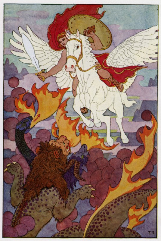 Pegasus vyrazil přímo k trojité hlavě Chiméry (barva litho) od Frederick Richardson