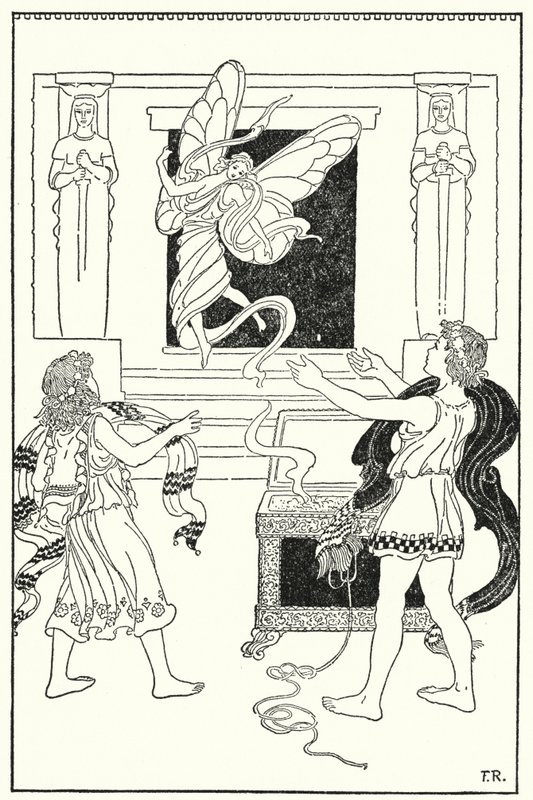 Děti znovu zvedly víko a vyletěla slunná a usměvavá malá postavička (litho) od Frederick Richardson