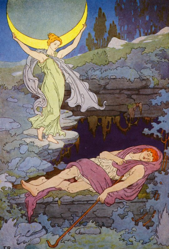 Endymion, kterého v noci navštěvuje jen měsíc, bude spát navěky (barevná litografie) od Frederick Richardson