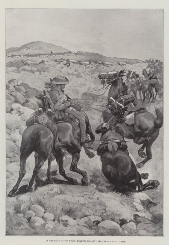 Búrové v patách, jízdní pěchota útočí na vlak s povozy od Frederick William Burton