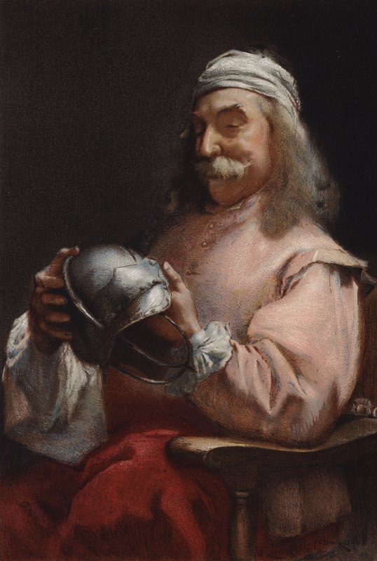 Přítel v tísni, portrét muže při pohledu na helmu (chromolitho) od Frederick William Davis