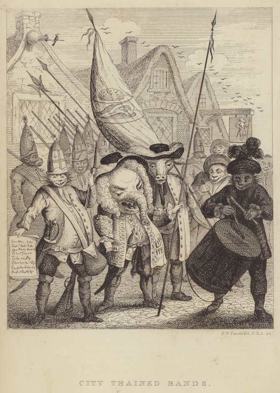 City Trained Bands: satira na milice spojené s City of London a paniku vyvolanou jakobitským povstáním v roce 1745 (rytina) od Frederick William Fairholt