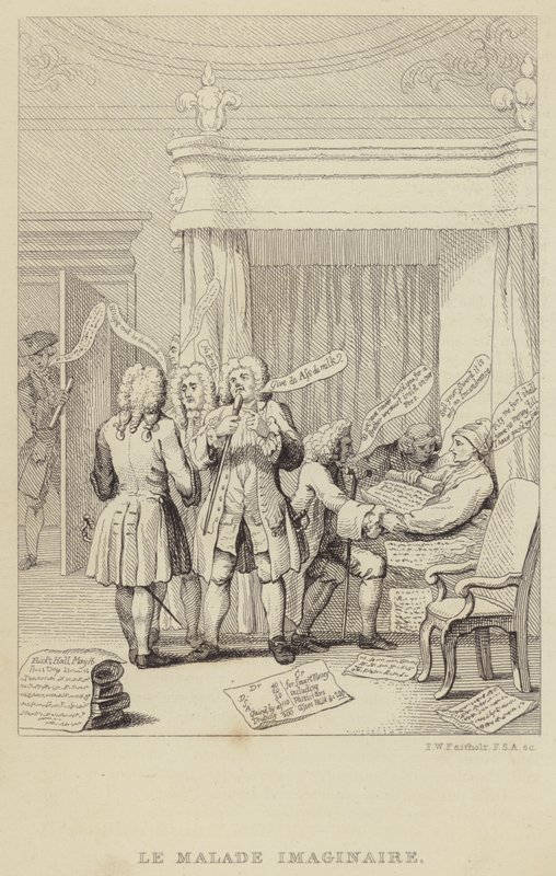 Le Malade Imaginaire: satira zobrazující autora a botanika Johna Hilla v posteli, kterého konzultuje řada lékařů, všichni odhodlaní zajistit si poplatky od Frederick William Fairholt