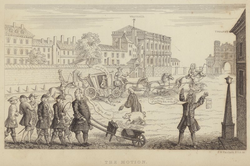 The Motion: satira na pokusy v parlamentu sesadit sira Roberta Walpolea jako premiéra v roce 1741 (rytina) od Frederick William Fairholt