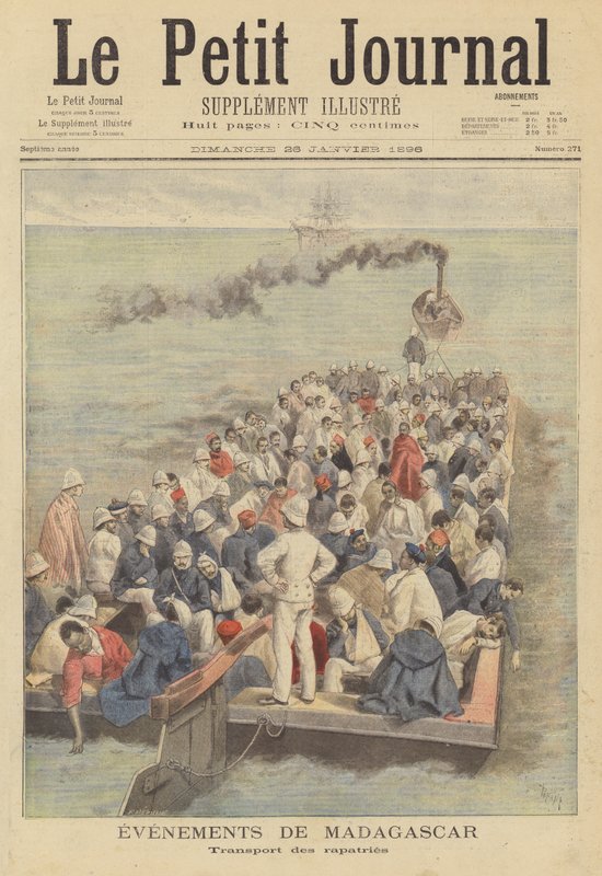 Vor převážející francouzské vojáky vracející se domů z Madagaskaru od French School