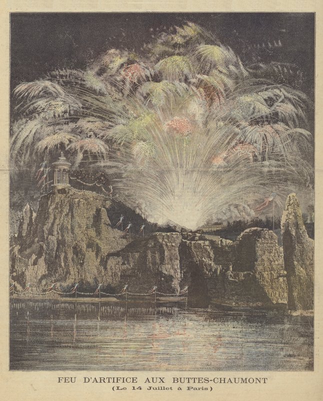 Ohňostroj ke Dni Bastily v parku Buttes-Chaumont v Paříži od French School