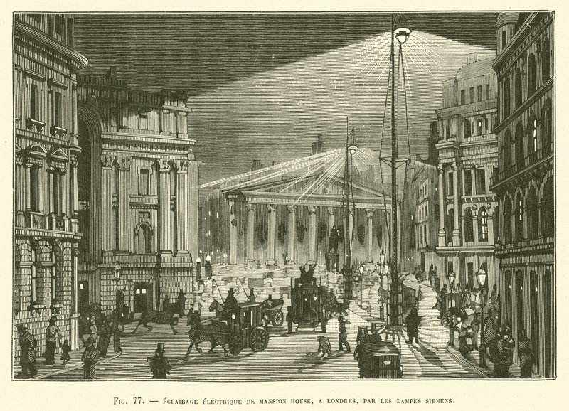 Elektrické osvětlení Mansion House v Londýně od společnosti Siemens Lamps od French School
