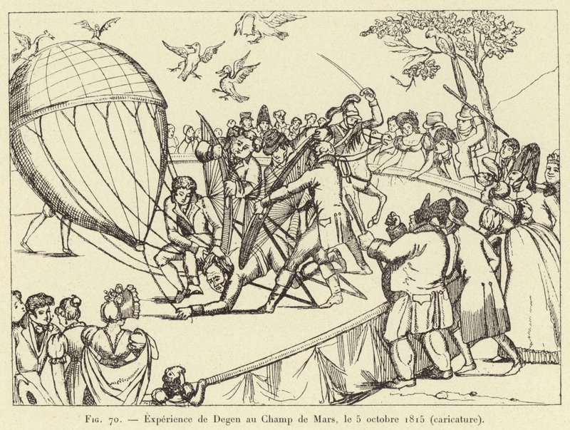 Experience de Degen au Champ de Mars, le 5 octobre 1815 (karikatura) od French School