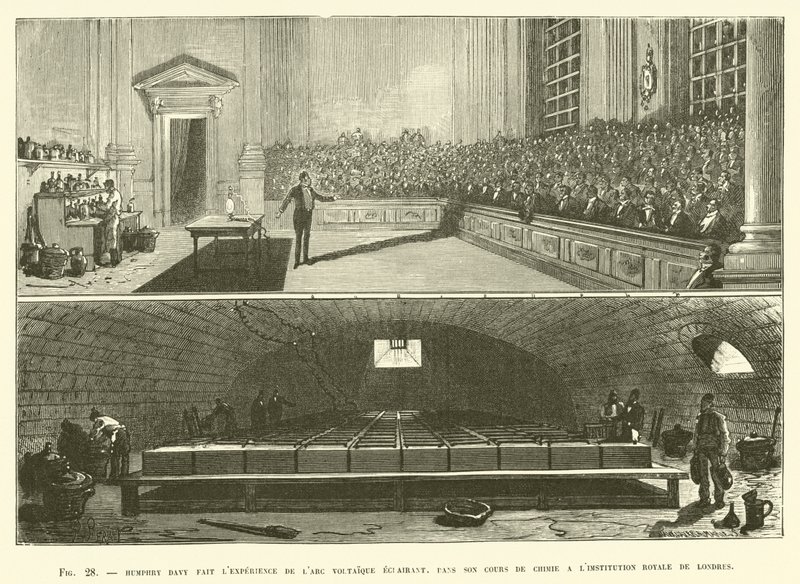 Humphry Davy experimentuje s osvětlujícím voltaickým obloukem ve své hodině chemie? od French School