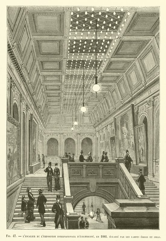 Schodiště mezinárodní výstavy elektřiny, v roce 1881, osvětlené Edisonovými a labutími lampami od French School