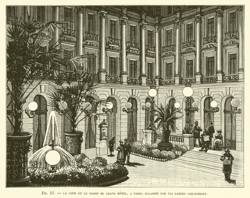 Nádvoří a povodí Grand hotelu v Paříži, osvětlené lampami Jablochkoff od French School