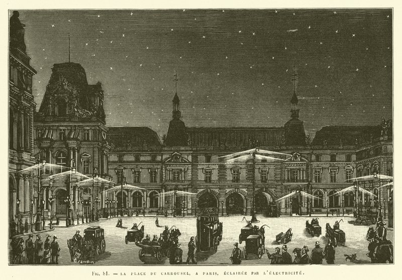 Náměstí Place Du Carrousel v Paříži osvětlené elektřinou od French School