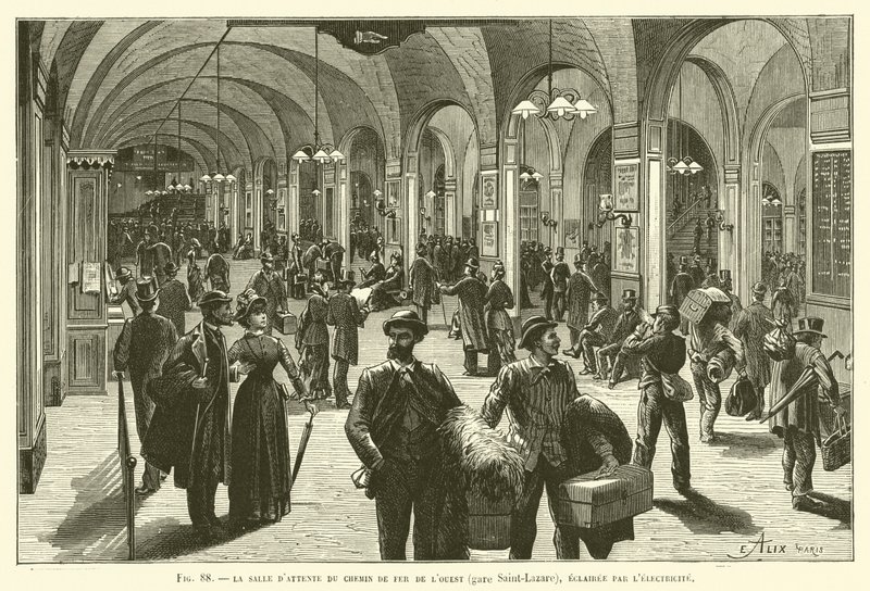 Čekárna západní železnice (stanice Saint-Lazare), osvětlená elektřinou od French School