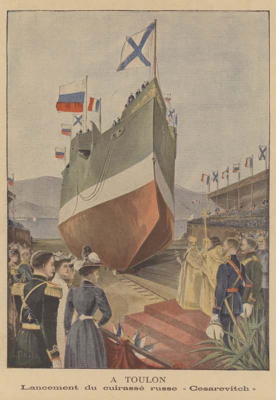 Start ruské bitevní lodi Tsesarevič u Toulonu od French School