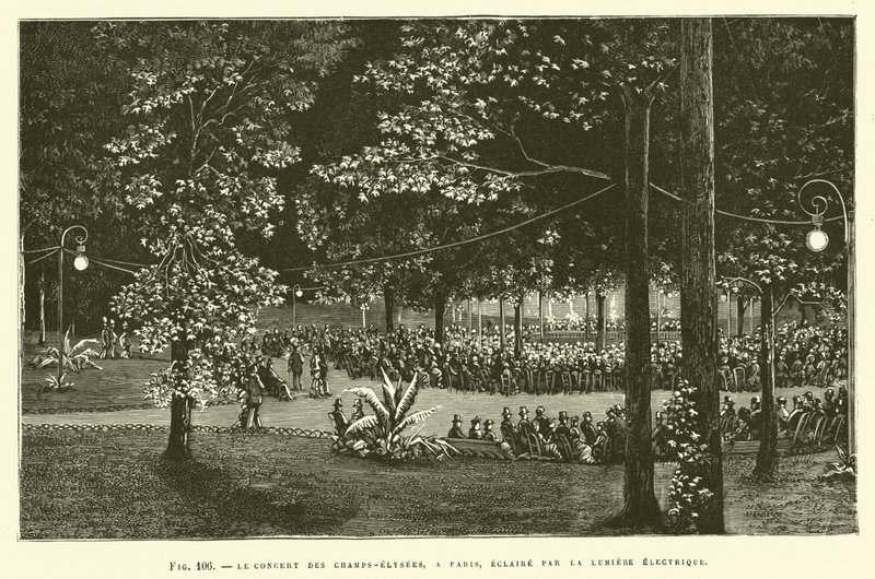 Koncert Des Champs-Elysées v Paříži, osvětlený elektrickým světlem od French School