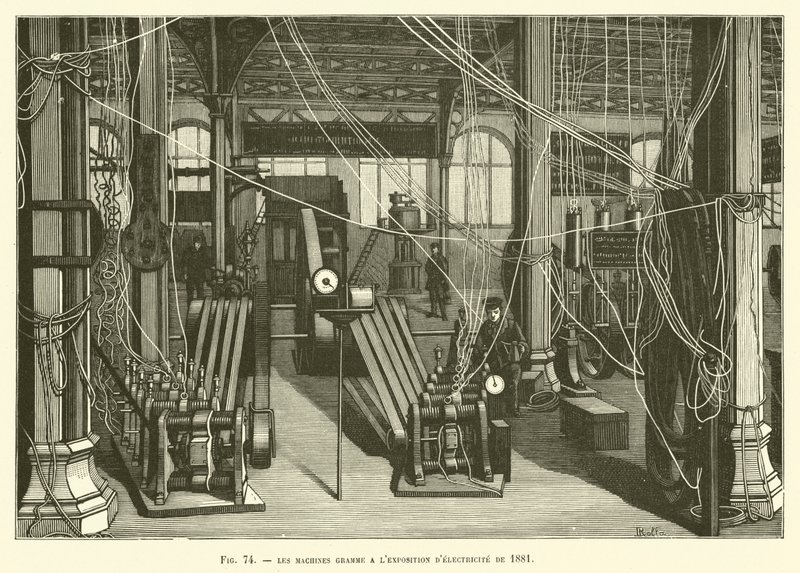 Stroje Gramme na výstavě elektřiny v roce 1881 od French School