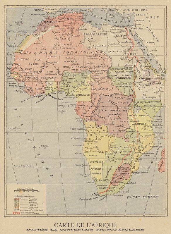 Mapa Afriky po podepsání anglo-francouzské dohody z března 1899 od French School