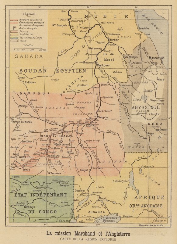 Mapa oblasti Afriky prozkoumané Marchandovou expedicí od French School