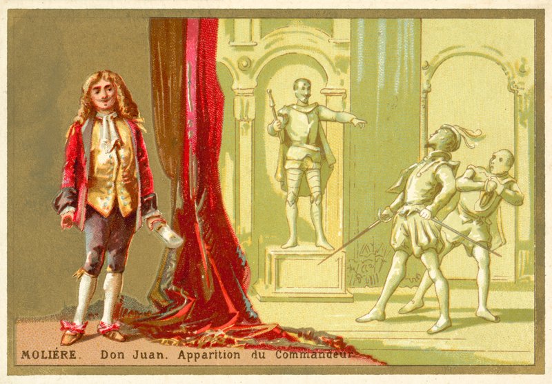 Moliere, francouzský dramatik, a scéna z jeho hry Don Juan od French School