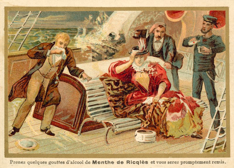 Cestující na lodi dostávají mátový duch Ricqles, aby si vyléčili mořskou nemoc od French School