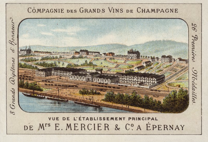 Hlavní provozovna E Mercier und Co, výrobci šampaňského, Epernay, Francie (chromolitho) od French School