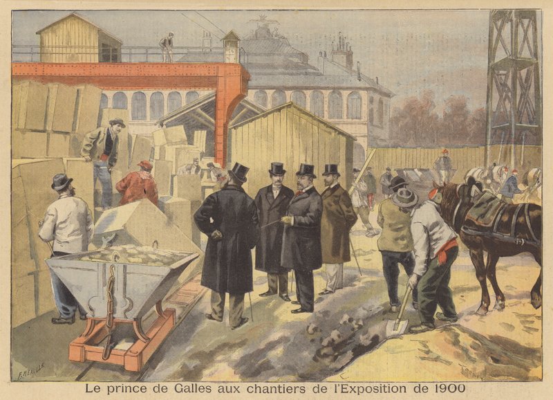 Princ z Walesu na návštěvě místa výstavy Universelle z roku 1900 v Paříži od French School