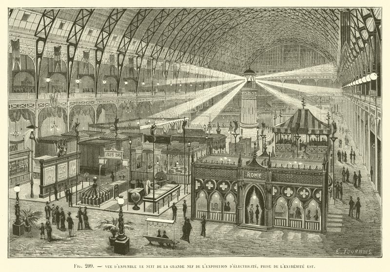 Noční pohled na Velký sál výstavy elektřiny, East End od French School