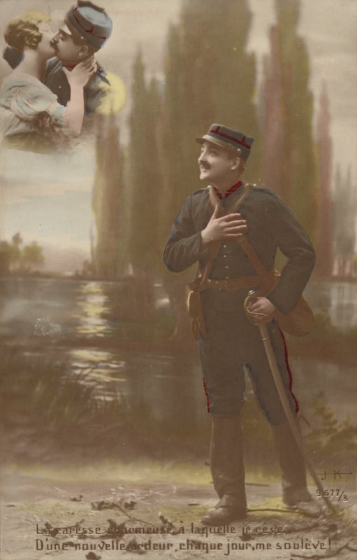 Voják si představuje, jak se on a jeho láska líbají (zabarvená fotografie) od French Photographer