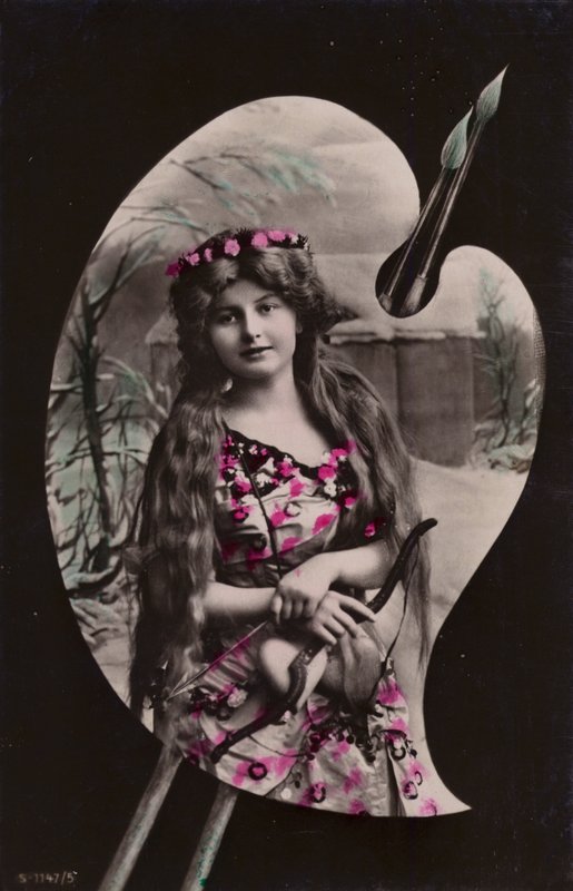Mladá žena držící luk a šíp zobrazený na umělecké paletě (tónovaná fotokoláž) od French Photographer