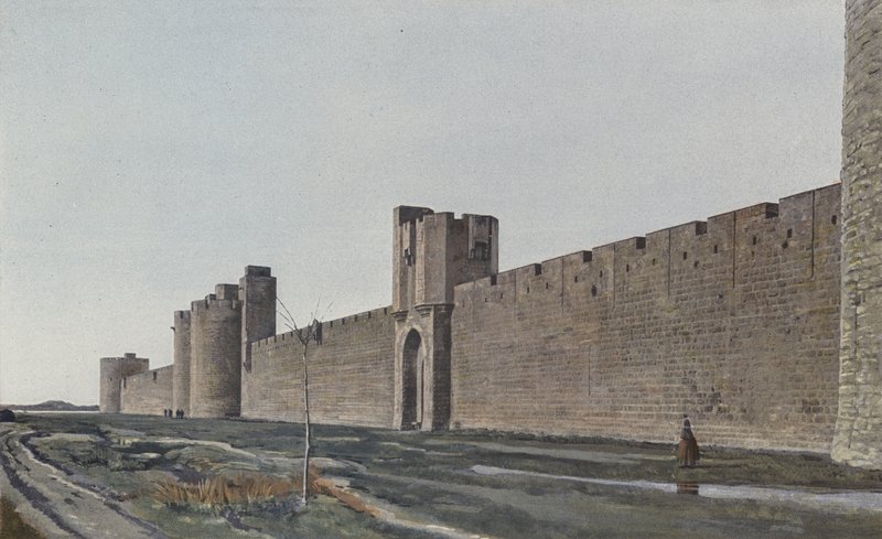 Aigues-Mortes, Vnější pohled na hradby, převzato z E od French Photographer